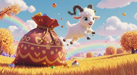 Fototapeta premium Cute goat with gift bag in field