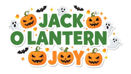 Jack O' Lantern Joyful Illustration: A vibrant and festive Halloween illustration, brimming with grinning jack-o'-lanterns, playful ghosts, and fluttering bats. An expression of joy, fun.