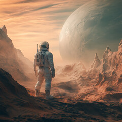 Astronaut on an alien planet under a giant celestial body