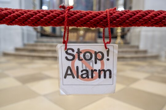 Stop Alarm sign, interior, Ettal Monastery, baroque Benedictine abbey, Ettal, Upper Bavaria, Bavaria, Germany