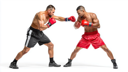 Two Pro Boxers Sparring in Ring - Side View Action Shot - Isolated on White