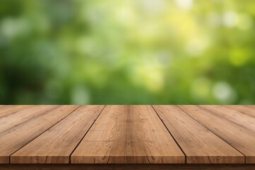 Wooden bench or table set against a lush green backdrop outdoors
