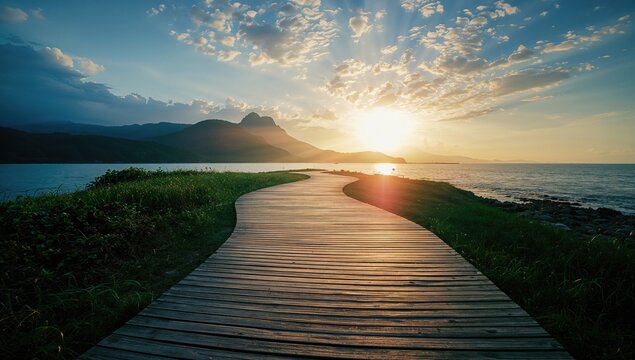 Timber walkway at a scenic coastal port