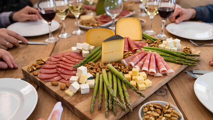 Charcuterie board featuring slices of ham