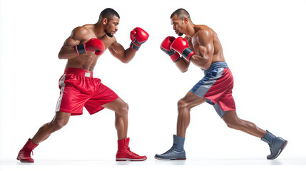 Two Pro Boxers Sparring in Ring - Side View Action Shot - Isolated on White