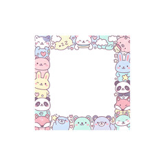 Kawaii cute notepaper with doodle borders, pastel colors, cartoon animals illustration, playful stationery design, white center for writing