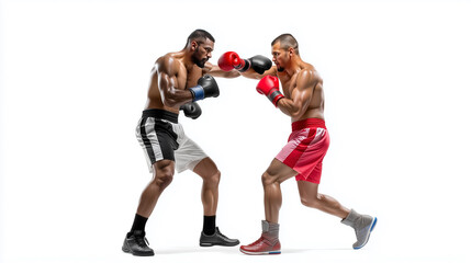 Two Pro Boxers Sparring in Ring - Side View Action Shot - Isolated on White