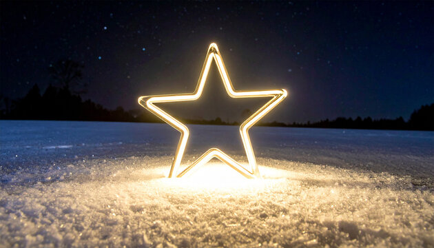 A glowing neon star-shaped light sculpture embedded in a snowbank - Powered by Adobe