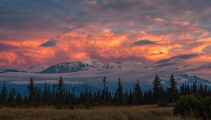 Snow-covered mountain range with thick clouds at dusk, overlooking pine forests beneath.