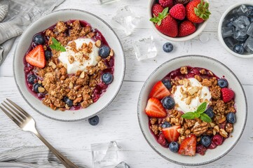 Nutritious morning meal featuring berry crumble with fresh blueberries, raspberries, strawberries, almonds, walnuts, pecans, yogurt, and mint served in ceramic dishes on a white wooden table.