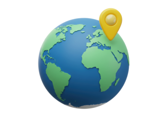 3D globe with location pin PNG isolated on transparent background, world map with continents and yellow marker for travel and geography concepts