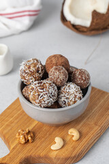 Homemade vegan healthy sugar-free candies made from dried fruits and nuts. Healthy eating.