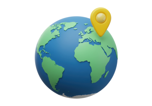 3D globe with location pin PNG isolated on transparent background, world map with continents and yellow marker for travel and geography concepts