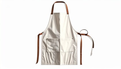 A realistic kitchen apron made of cotton fabric, front pockets, and adjustable neck strap isolated on white background
