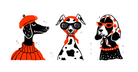 A hilarious and stylish set of vector illustrations featuring fashion-forward dogs in retro attire. These quirky, hand-drawn doodle characters perfect for trendy branding