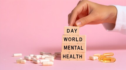 Hand stacking wooden blocks with text promoting World Mental Health Day and various supplements
