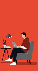 Man working remotely on laptop from home Comfortable workspace productivity and online learning