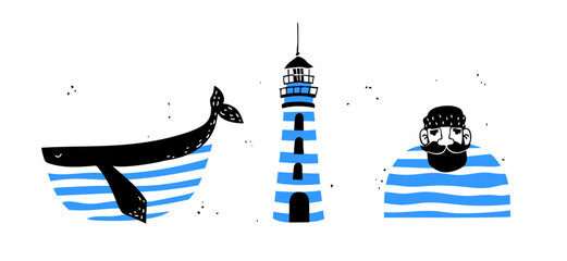 A fun and striking set of nautical vector illustrations featuring sea life and marine icons. This quirky hand-drawn art includes a stylized whale, a lighthouse, and a bearded sailor