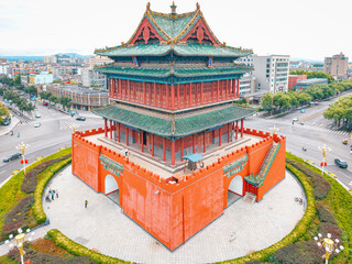 aerial view of the ancient landmark gate tower in the city centre, Shanxi Province, China