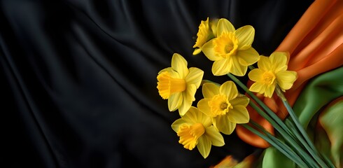 Vibrant yellow daffodils arranged elegantly on luxurious black fabric St. David’s Day backdrop with colorful drapery