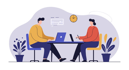 Two colleagues collaborate in a modern office emphasizing teamwork communication and productivity