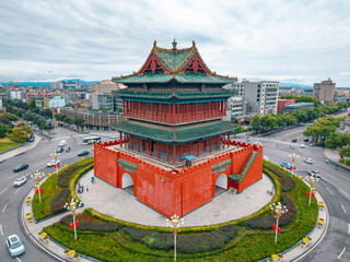 aerial view of the ancient landmark gate tower in the city centre, Shanxi Province, China
