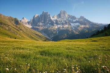 Obraz premium Beautiful Landscape Featuring Tall Mountains, Lush Meadows, and White Blossoms