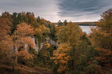 Fototapeta premium The former limestone quarry transformed into a nature park, captured during autumn in October