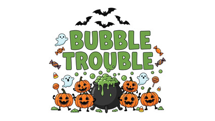 Bubble Trouble: A playful scene with pumpkins, cauldron, bats, and ghosts, perfect for Halloween. A whimsical composition full of spooky joy.