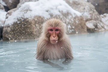 Naklejka premium Winter soak in a steamy hot spring by a wild monkey