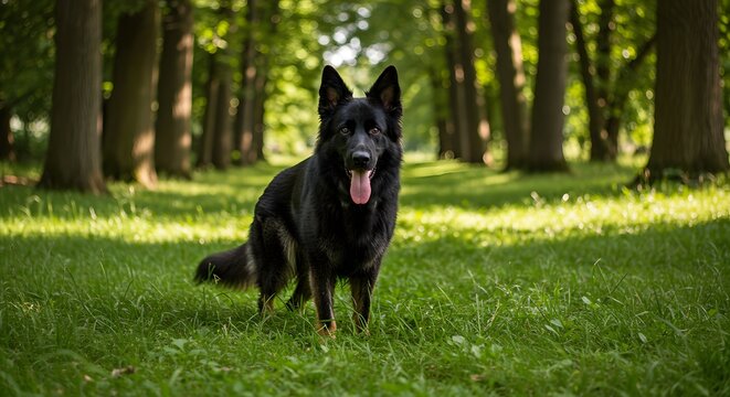 Black german shepherd in forest