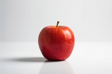 A vibrant red apple set against a clean white background with shallow depth of field, highlighting its fresh and healthy appeal