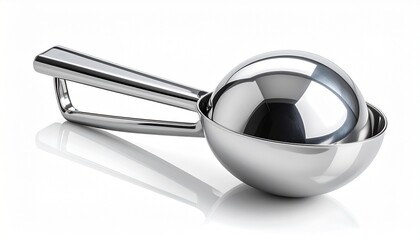A realistic stainless steel ice cream scoop with lever handle and shiny reflection isolated on white background
