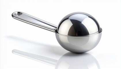 A realistic stainless steel ice cream scoop with lever handle and shiny reflection isolated on white background
