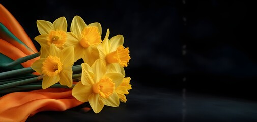 Vibrant yellow daffodils arranged elegantly with soft orange fabric and dark background symbolizing St. David’s Day for visual impact