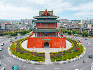 aerial view of the ancient landmark gate tower in the city centre, Shanxi Province, China