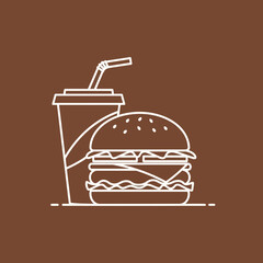 Fast Food Icon – Burger and Drink Outline on Brown Background