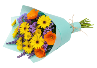 Cheerful bouquet of yellow gerbera daisies and orange poppies isolated, wrapped in blue paper for celebrations and special occasions