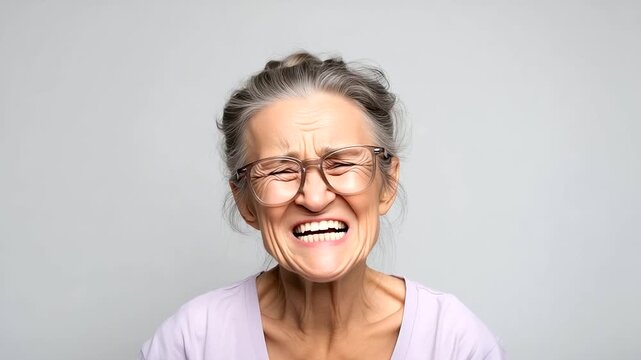 Portrait of wrinkled old woman with glasses making comical face, humorous grandmother concept, cheerful elderly lifestyle, positive old age wrinkled grandma photo, old woman funny