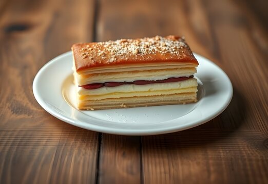 Delicious Napoleon cake on wooden table, closeup