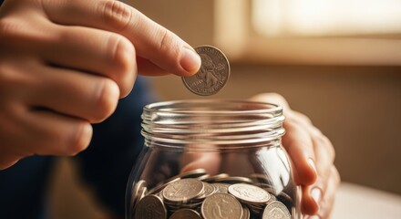 Saving money depicted with hand placing coin into glass jar filled with many coins. Concept hand saving money with coins accumulating in glass jar, investment or financial planning,