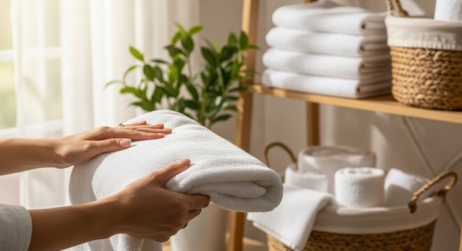 Crisp white towels neatly stacked on shelf in bathroom. Crisp white towels arranged for spa day, linen closet with folded cotton sheets on wooden shelving unit.