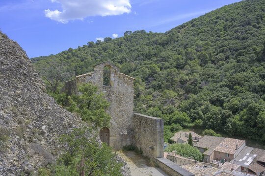 Chapel Saint Roch in the middle of the conglomerate rocks Les P&eacute;nitents, Les M&eacute;es, Alpes-de-Haute-Provence, France