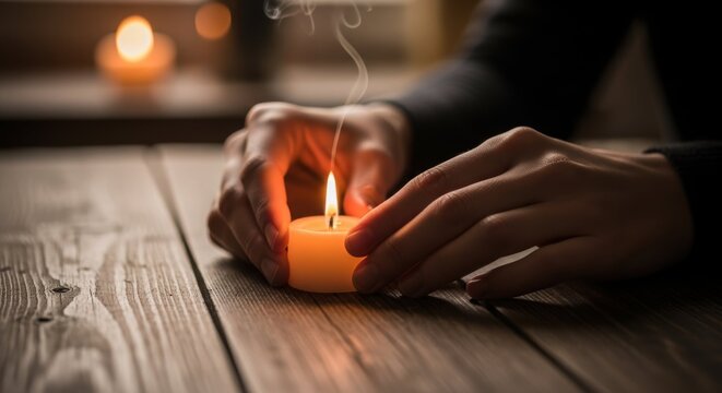 Person holding candle, burning candle in their hands on aged wooden surface for comfort. Halloween concept shows person holding candle in dim light, creating soft glow and flickering shadows.
