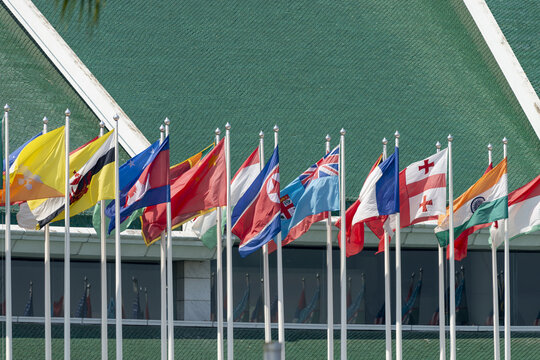 Many flags in front of the United Nations Conference Centre, Bangkok, Thailand