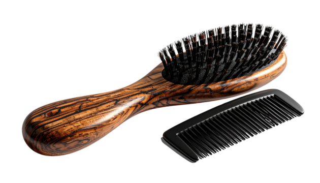 Hairbrush and comb bundle, two variations isolated on transparent background