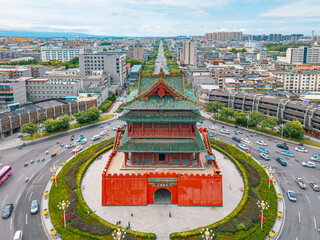 aerial view of the ancient landmark gate tower in the city centre, Shanxi Province, China