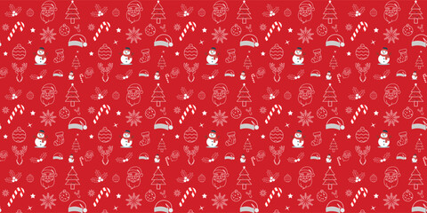 Seamless Christmas and Winter Holiday Doodle Pattern with Snowman, Candy Cane and Gingerbread Editable Vector Background.