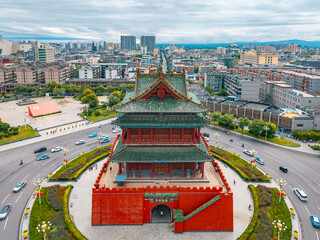 aerial view of the ancient landmark gate tower in the city centre, Shanxi Province, China