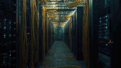 Inside the facility, multiple racks contain computing servers linked by tangled network wires.